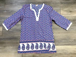 J. Crew Blue Pink Paisley Floral Tunic Top Large Boho Split Neck 3/4 Sleeve thumbnail 1