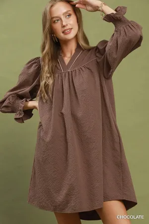 Umgee Textured Puff Sleeve Mini Dress - Chocolate - Small thumbnail 1