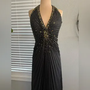Sue‎ Wong Nocturne Halter Pleated Beaded Gown Size 8 Travilla Style Black & Gold thumbnail 2