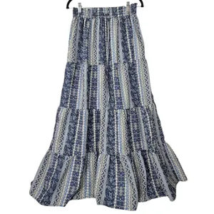 Boho Paisley Patchwork Maxi Skirt Tiered Elastic Waist Floral Blue Womens Size M thumbnail 2