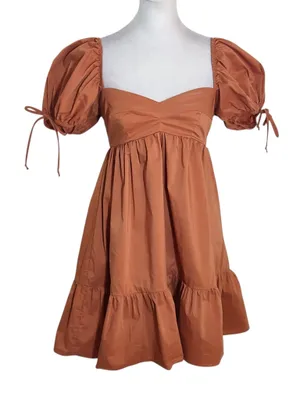 Olivaceous Terra Cotta Puffy Sleeve Mini Dress Size Small Wedding Guest Dress thumbnail 1