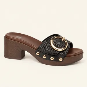 Wild Fable Zenna Black Woven Wooden Platform Sandals Studded Buckle Mules 6.5 thumbnail 2