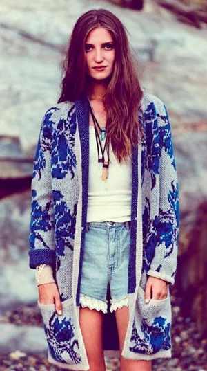 Free People Power Flower Blue Floral Open-Front Knit Cardigan Size S thumbnail 1