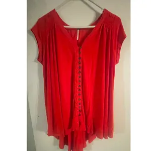 Free People‎ Orange Button Front Tunic Top Cap Sleeve Boho Smocked Back V-Neck thumbnail 4
