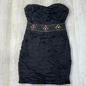 Nikibiki Black Strapless Ruched Gold Rhinestone Bling Bodycon Mini Dress Size M thumbnail 2