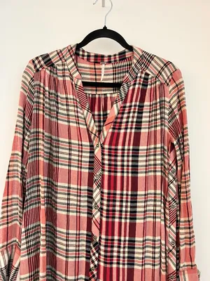 Free People Loralei Plaid Shirt Dress Tunic Red Pink Western Festive Size XS thumbnail 5