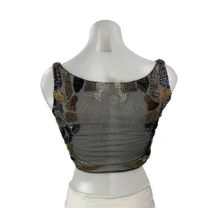 Women's Black Beaded Patchwork Mesh Sleeveless V Neck Cami Tank Crop Top Size S thumbnail 3