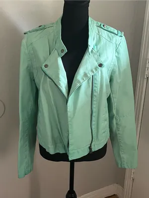 a.n.a Women's Mint Green Moto Biker Jacket Cropped Faux Leather Size L thumbnail 1