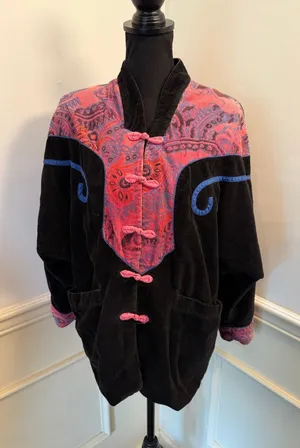 Vintage 80s/90s Black Corduroy Wearable Art Jacket Pink Paisley Frog Closures thumbnail 1