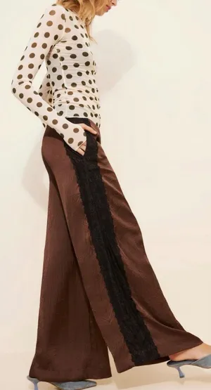Anthropologie Brown Crinkle Satin Wide Leg Pants Black Lace Trim XL NEW thumbnail 1