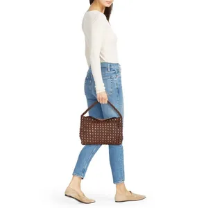NWT Vince Camuto Brown Leather Woven Boho Macremé Top Handle Shoulder Bag thumbnail 3