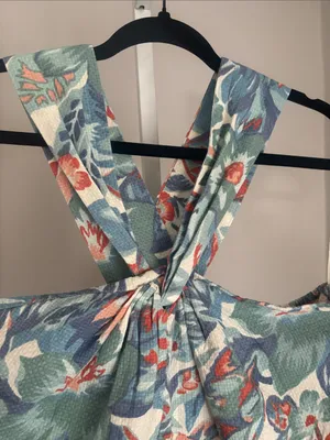 Faherty Bay Twist Seersucker Halter Midi Dress Floral Pastel Blue & Coral Sz XL thumbnail 5