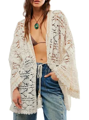FREE PEOPLE Bell Sleeve Lace Duster in Ivory, One Size, New with Tag MSRP $128 thumbnail 1
