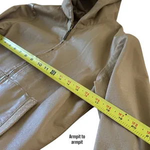 Vintage Y2K Buckle Tan Leather Hooded Granola Girl Moto‎ Jacket Size M thumbnail 7