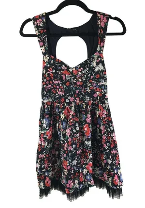 Free People Dress A Line Tulle Trim Open Back Floral Cotton Blend Black 4 thumbnail 1