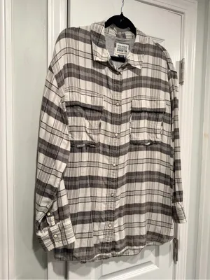 American Eagle Size XL Seriously Lived-In Gray Plaid Flannel Shirt Pearl Snap thumbnail 2