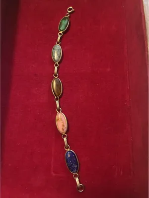 Vintage Egyptian Revival Gold Tone Multi-Stone Oval Cabochon Link Bracelet 7.25” thumbnail 5