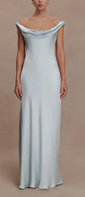 Meshki Backless Satin Maxi Dress in Ice Blue Bridesmaid Wedding Party Size L NWT thumbnail 1
