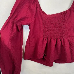 Kirious Los Angeles Blouse Womens Small Burgundy Tie-Front Peplum Long thumbnail 4