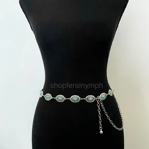 Silver Turquoise Oval Western Boho Chain Belt, Fits 24-43 Inches, X7GA1264 thumbnail 5