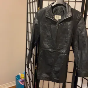 Black leather jacket zip up the front with a belt thumbnail 3