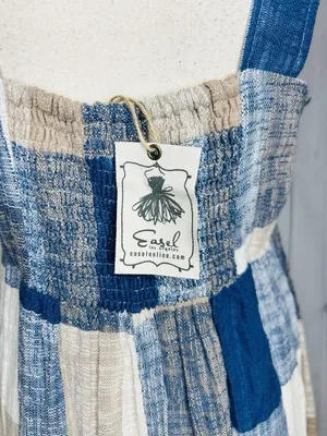 Easel Los Angeles Patchwork Midi Dress Womens Sz L Blue Tan Boho Textured NWT thumbnail 11