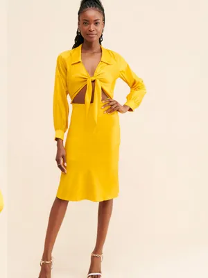 NWT Rare London Anthropologie Textured Golden Yellow Satin Tie-Front Dress thumbnail 3