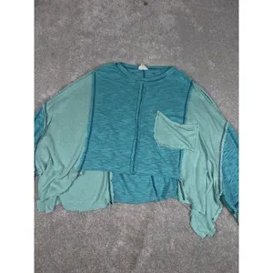 Pol Cropped Boxy Raw Edge Top Womens Blue Contrast Stitch Relaxed‎ Small thumbnail 4