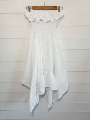 SEASPICE White Off-Shoulder Ruffle Sundress Peruvian‎ Cotton Handkerchief Hem M thumbnail 5