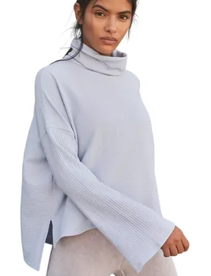 Free People FP Movement Ribbed Bell Sleeve Light Blue Stretch Top Oversized S thumbnail 1