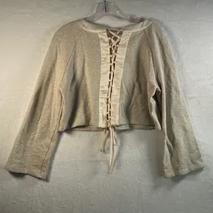 Endless Rose Beige Ribbed Bell Sleeve Lace‎ Up Front Cropped Sweatshirt Top M thumbnail 6
