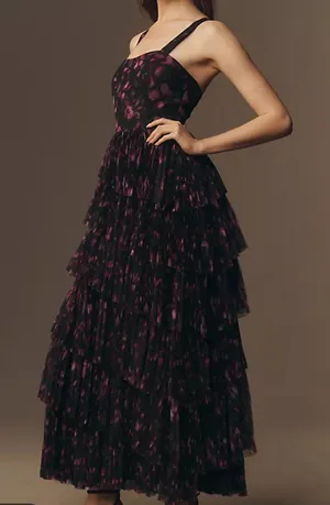 Hutch Tiered Tulle Floral Maxi Gown Black Purple Size 2 NWT thumbnail 1