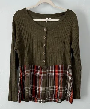 Cato Olive and Red Ribbed Plaid Long Sleeve Tunic Top w buttons thumbnail 1