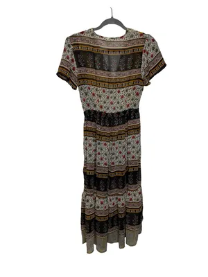 🌼✨ One September Mixed Print Boho‎ Midi Dress Tassel Tie XS Anthropologie ✨🌼 thumbnail 4