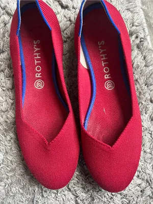 Rothy's Red Knit Pointed Ballet Flats with Blue Trim thumbnail 2