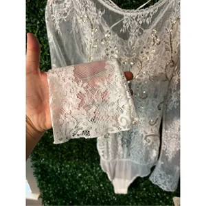 NWT $168 FREE PEOPLE Ready To Party Bodysuit White Embellished Lace Mesh Sheer S thumbnail 7