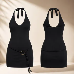 Frankies Bikinis Dolly Knit Mini Dress Women XL Black Halter O-Ring New LBD Y2K‎ thumbnail 2