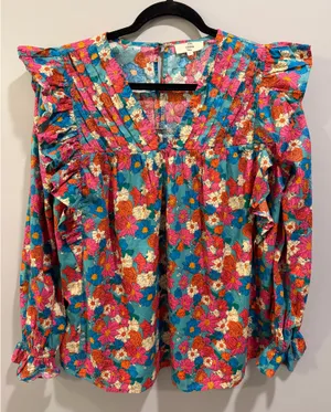 Entro Floral Detail Long Sleeve V-Neck Ruffle Detail Blouse Blue Multi thumbnail 5
