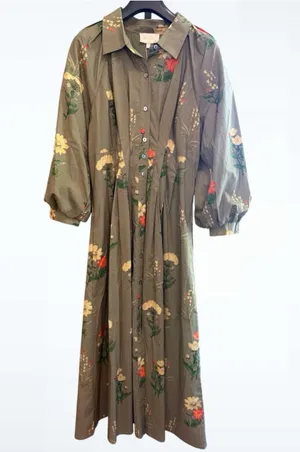 Entro Women’s Floral Print Cotton Button Front Midi Dress in Olive Green Size S thumbnail 1