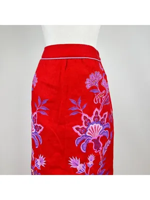 NWOT Farm Rio Red Porcelain Garden Scalloped Linen Midi Skirt Size XS thumbnail 4