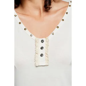 POL Studded Trim Button-Front Ruffle Detail‎ Tank - Cream - Medium thumbnail 8