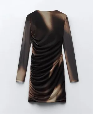 dress mini long sleeve brown tulle ruched party evening cocktail thumbnail 10