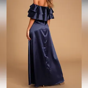 Lulus Pure Happiness Navy Blue Satin Off-the-Shoulder Maxi Dress thumbnail 3