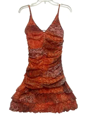 Roberta small 90s y2k Orange Ruffle ruched V-Neck Slip Dress brat party mini thumbnail 1