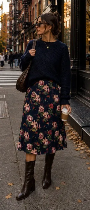 Catherine Malandrino Navy Floral Midi Skirt with Rose Print thumbnail 1