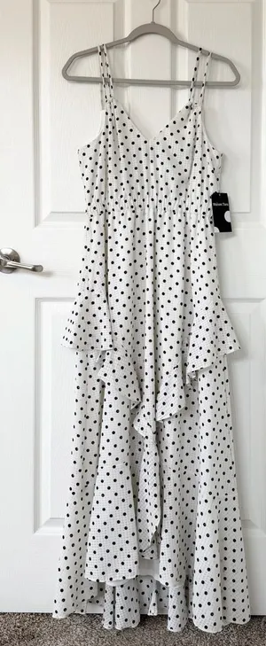 NWT Polka Dot Tiered Ruffle Maxi Dress White Size 8 thumbnail 1