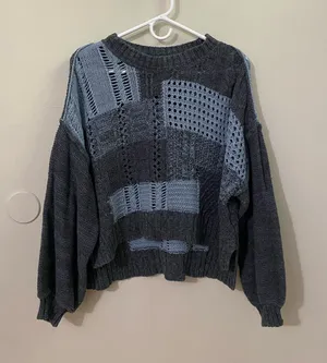American Eagle Outfitters Gray Patchwork Crewneck Sweater thumbnail 1