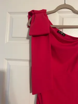Bright Pink one shoulder formal dress with bow thumbnail 4
