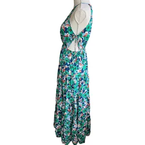 Aakaa green floral maxi dress halter side cutouts summer tiered feminine medium thumbnail 4