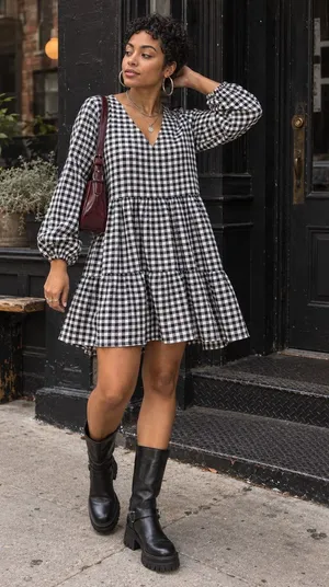 Black White Gingham Babydoll Dress Tiered Cottagecore Large thumbnail 1